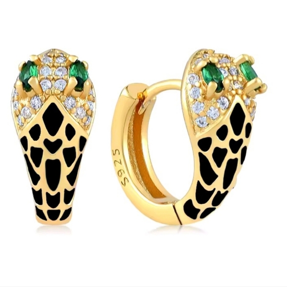 Gold and Black 925 Snake Hoop Earrings with Emerald Accents